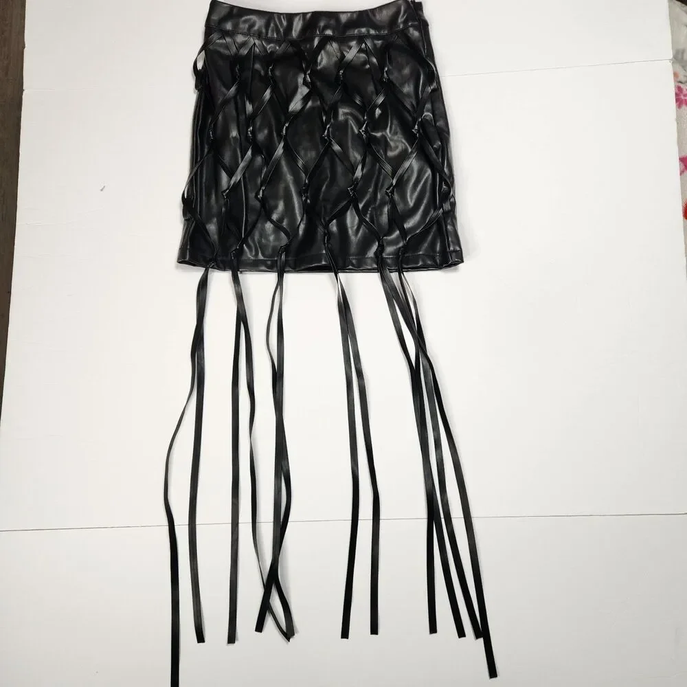 Black Fringe Mini Skirt Size XS Faux Leather PVC Braided Knots Rave Party
